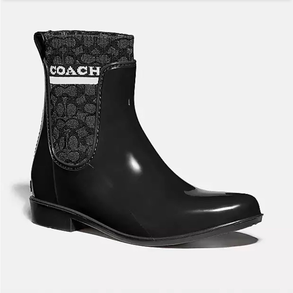 New Coach Black And White Rivington Rubber Rain Bootie, Mock Sock Boot